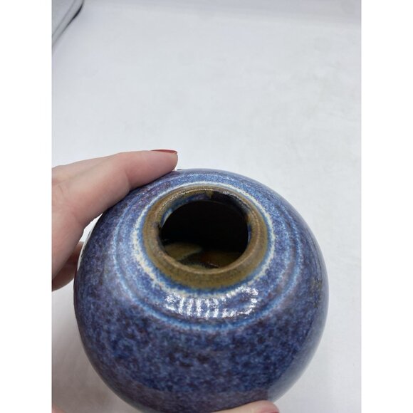 Studio Pottery Round Blue Vase Signed 2.75 in Tall Handmade Artisan Collectible - Picture 13 of 13